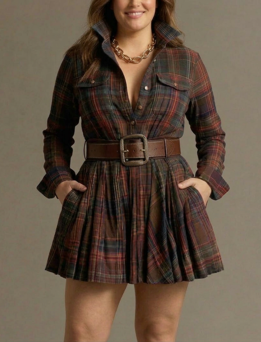 Vintage Red and Brown Checked Mini Dress (Includes Belt) - Plus size model