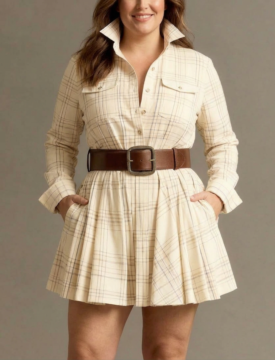 Vintage Red and Brown Checked Mini Dress (Includes Belt) - Plus size model