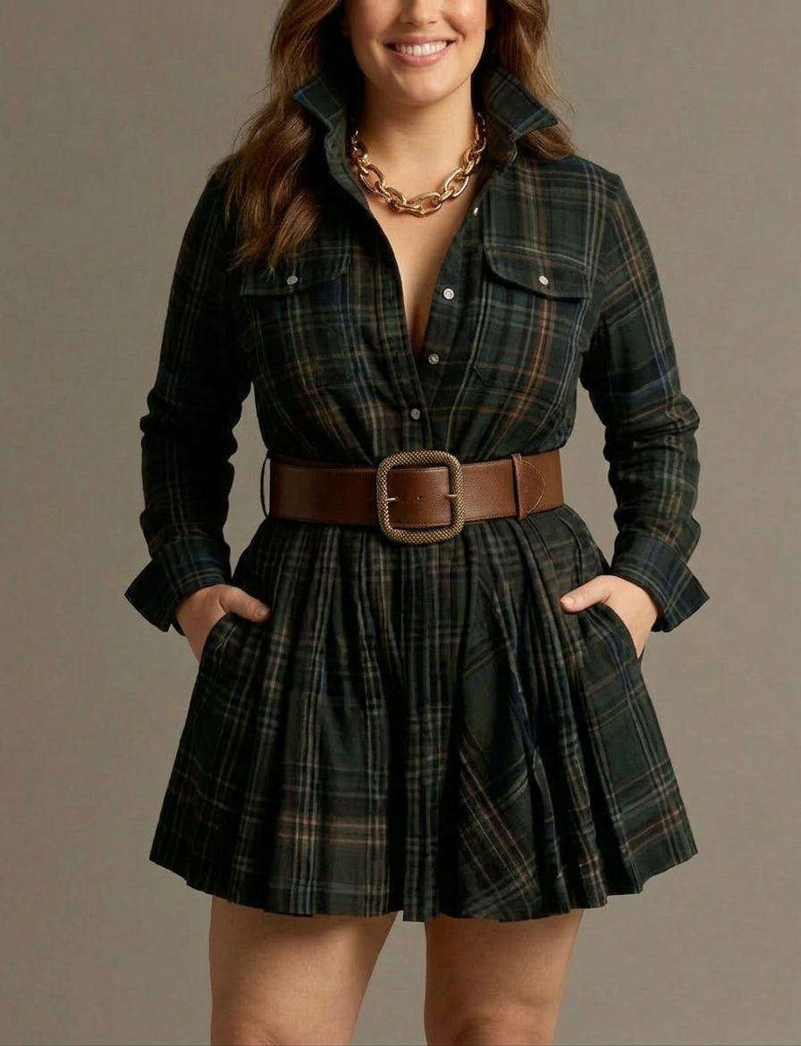 Vintage Red and Brown Checked Mini Dress (Includes Belt) - Plus size model
