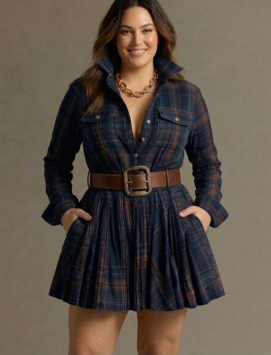 Vintage Red and Brown Checked Mini Dress (Includes Belt) - Plus size model
