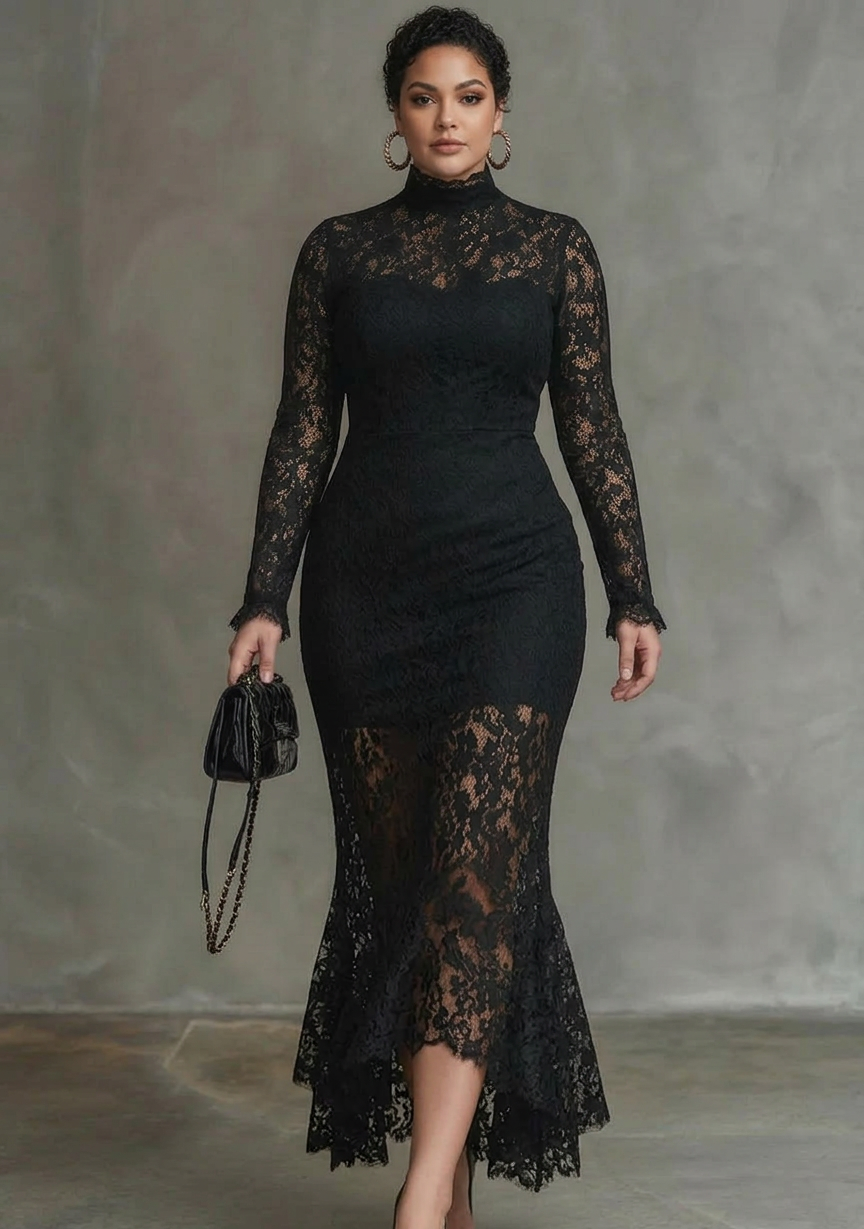 Elegant Black Stretchy Lace Fishtail Maxi Dress - Plus size model