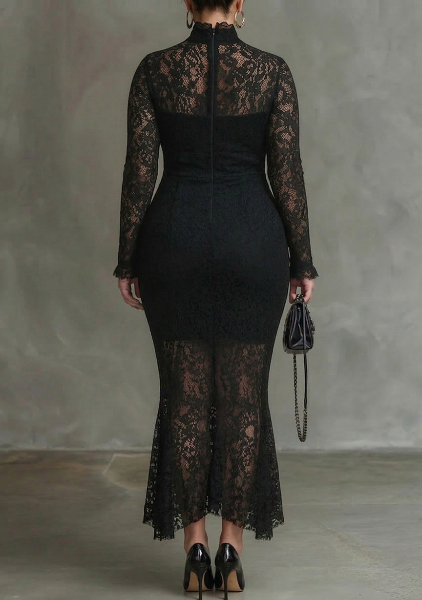 Elegant Black Stretchy Lace Fishtail Maxi Dress - Plus size model