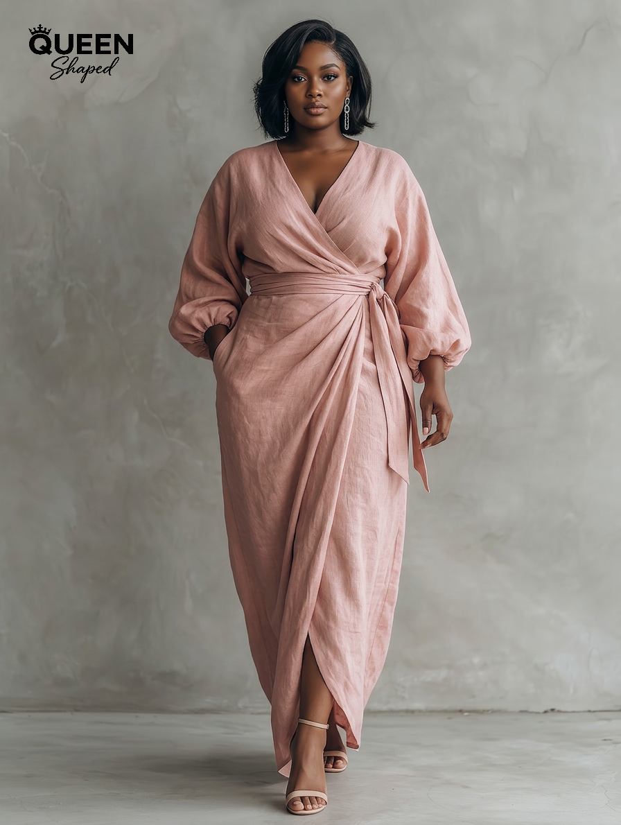 Pink Minimalist Maxi Dress with V-Neck for Women