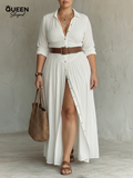Long Maxi Dress with Notched Collar and Long Sleeves for Women