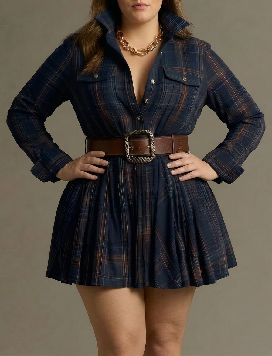 Vintage Red and Brown Checked Mini Dress (Includes Belt) - Plus size model