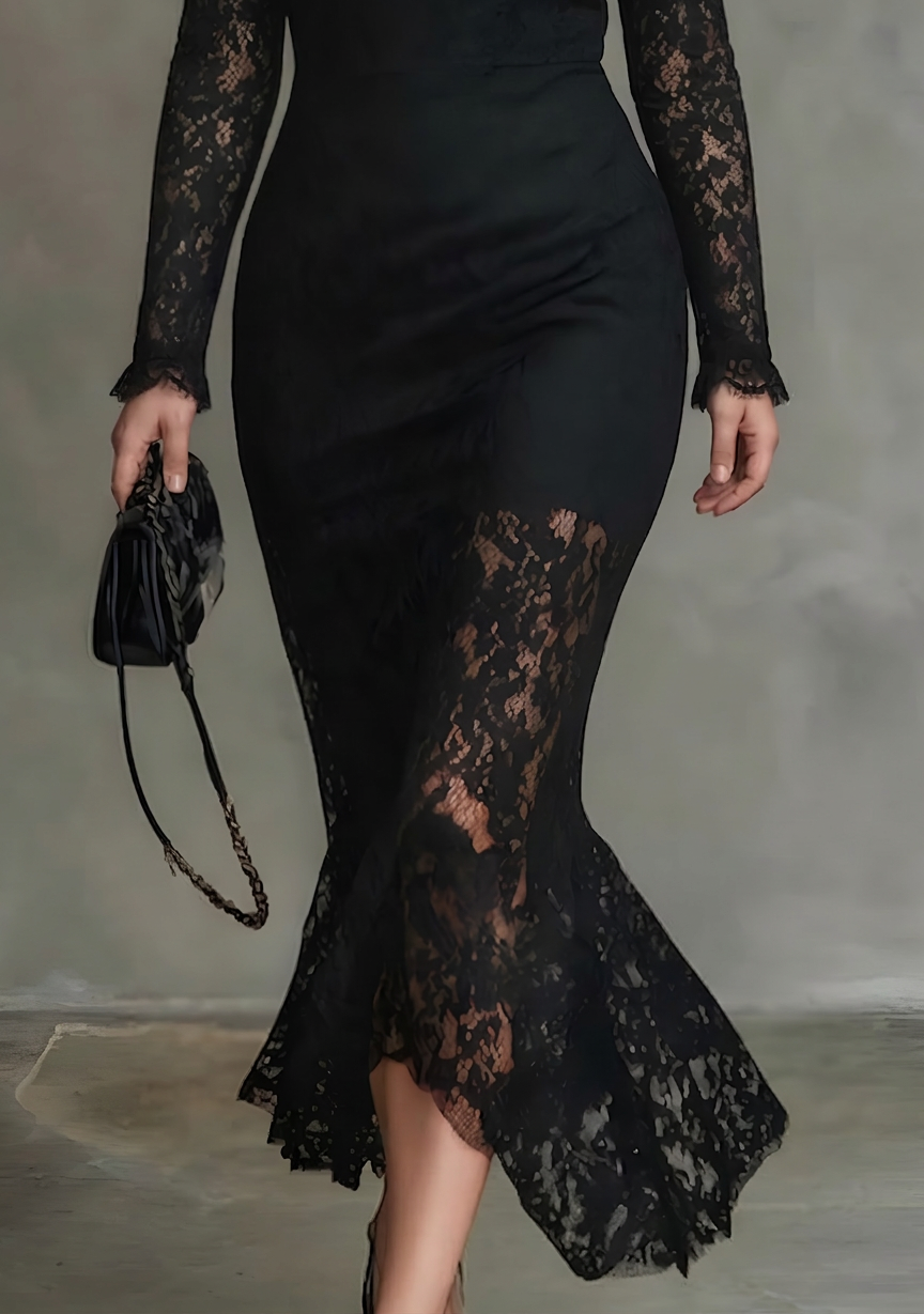 Elegant Black Stretchy Lace Fishtail Maxi Dress - Plus size model