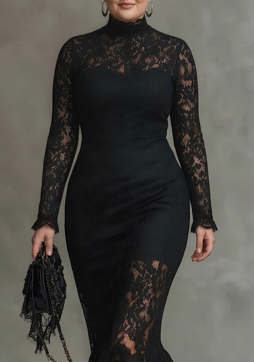 Elegant Black Stretchy Lace Fishtail Maxi Dress - Plus size model