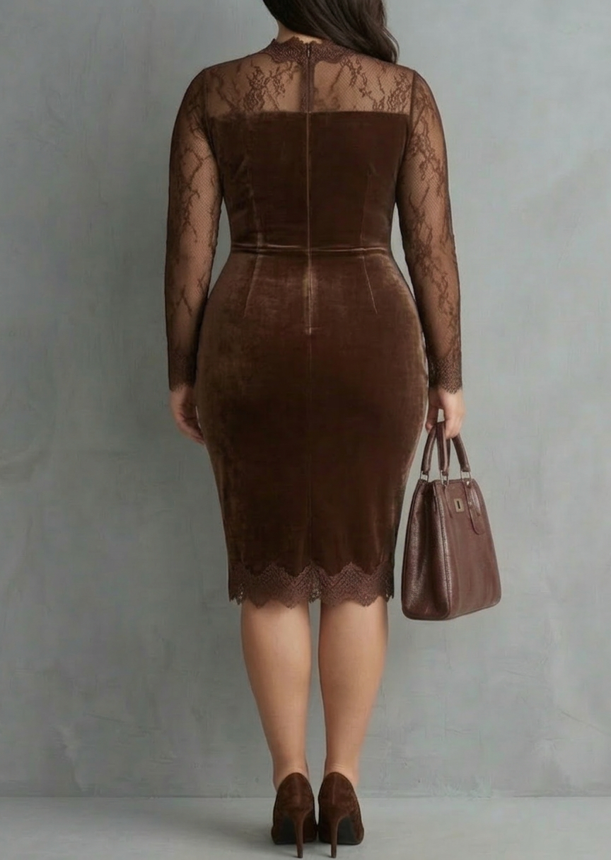 Brown Vintage Keyhole Neckline Lace Sleeve Velvet Mini Dress - Plus size model