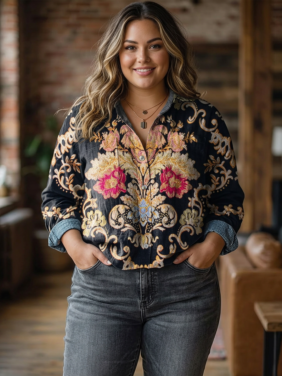 Kathleen | Vintage Lovely Floral Art Print Casual Long Sleeve - Plus size model