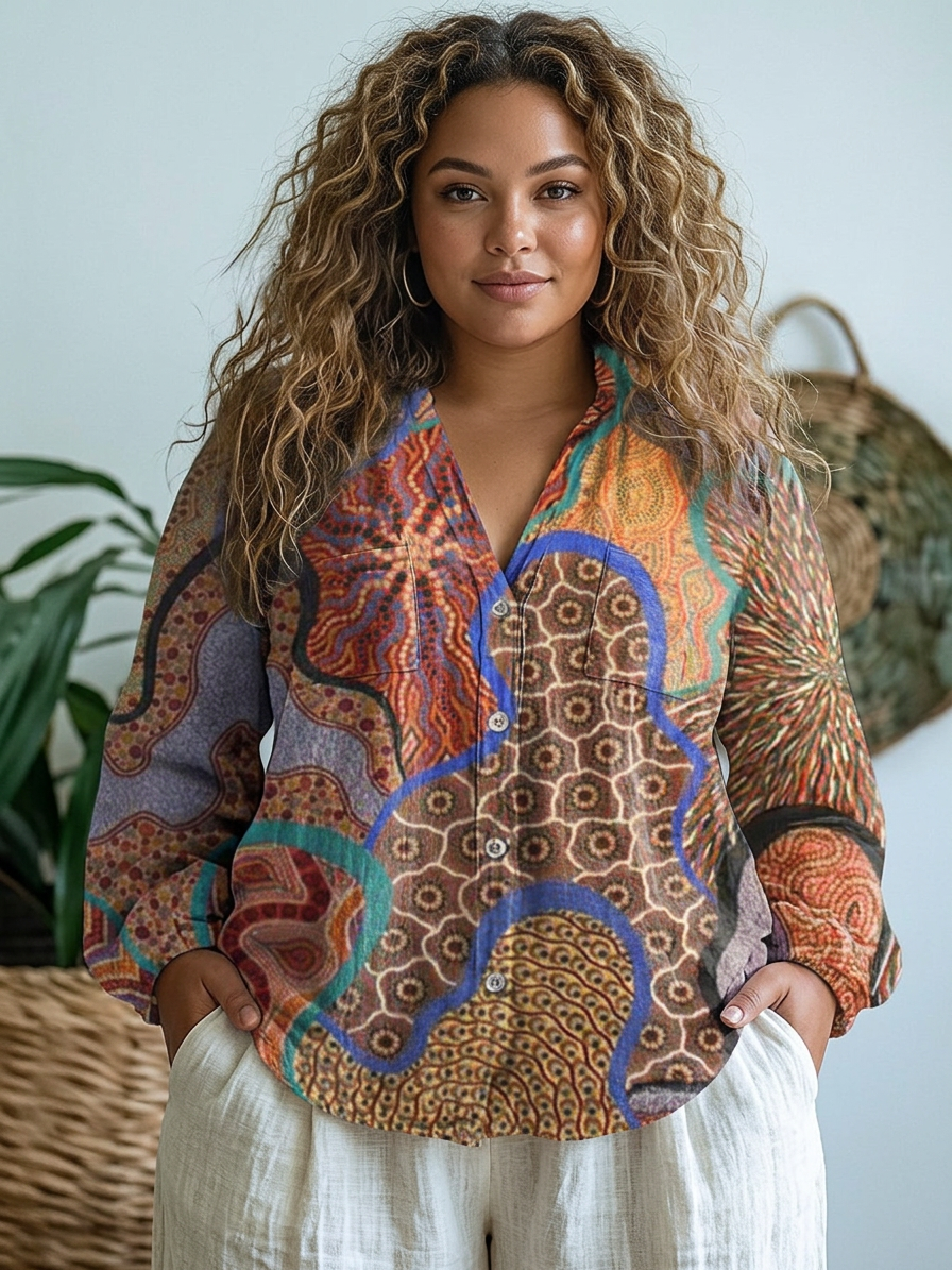 Amy | Ethnic Style Tribal Pattern Printed Women's Casual Long Sleeve - Plus size model
