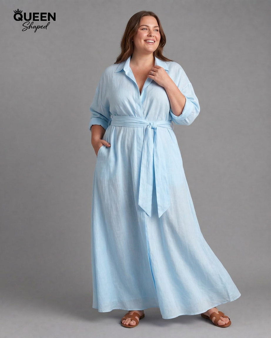 Zelith | Belted Collared Flowing Long Sleeve Midi Dress