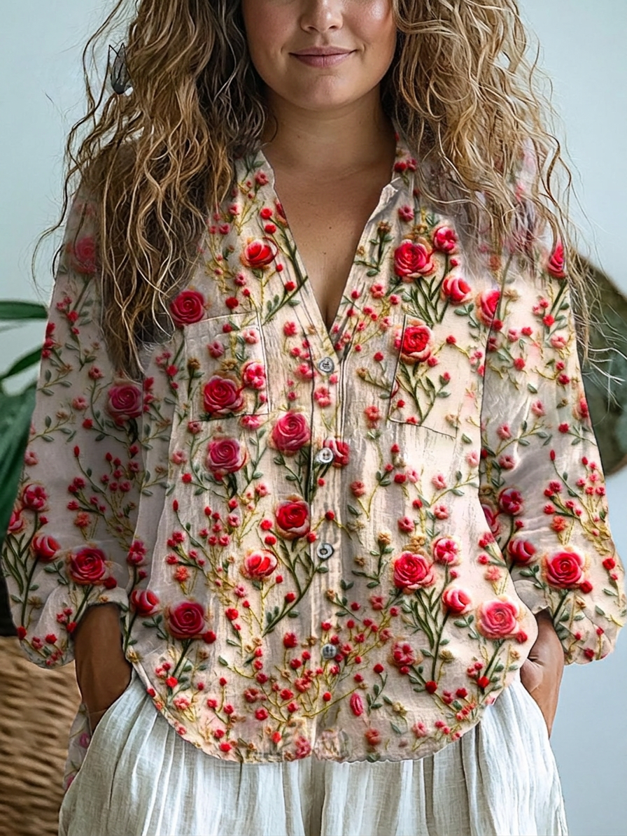 Shirley | Retro Floral Art Print Casual Long Sleeve - Plus size model