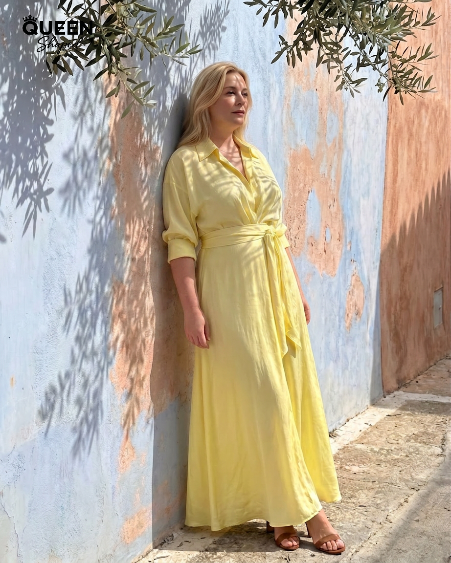 Zelith | Belted Collared Flowing Long Sleeve Midi Dress
