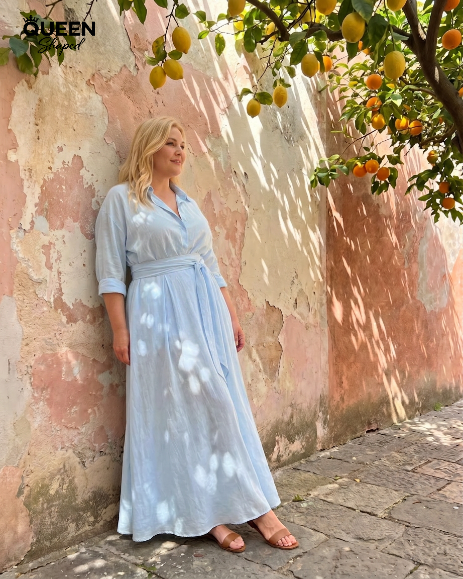 Zelith | Belted Collared Flowing Long Sleeve Midi Dress