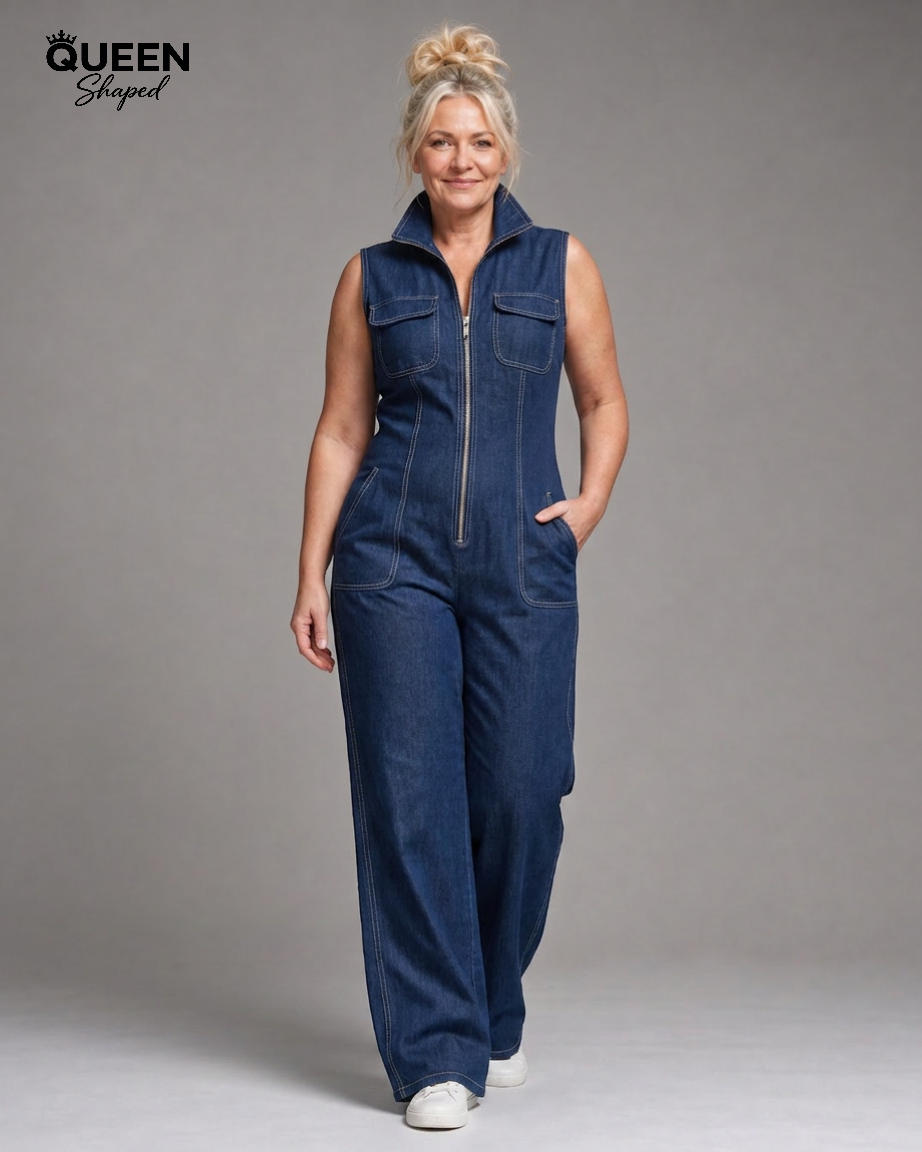 Samantha | Zip Front Sleeveless Denim Wide Leg Jumpsuit
