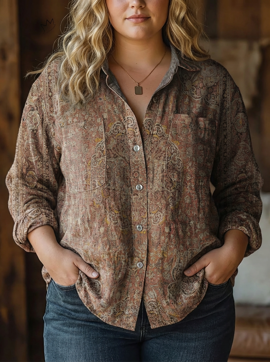 Rachel | Women's Vintage Art Print Casual Long Sleeve Comfortable Cotton Shirt - Plus size model