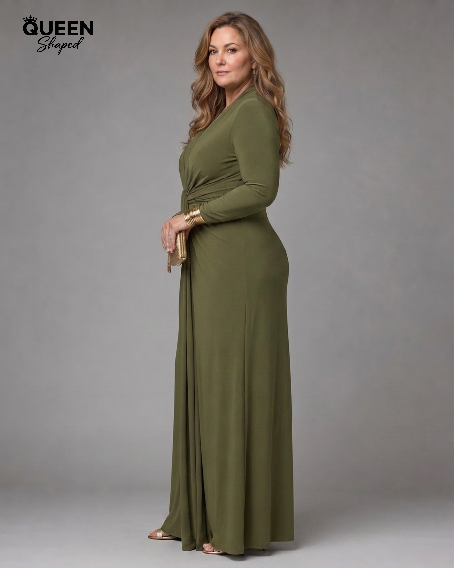 Vimmer | Draped Deep V Neck Long Sleeve Maxi Dress