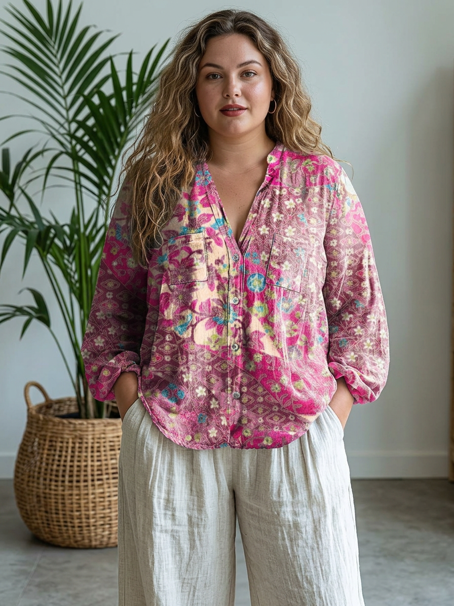 Jane | Vintage Floral Art Print Casual Long Sleeve - Plus size model