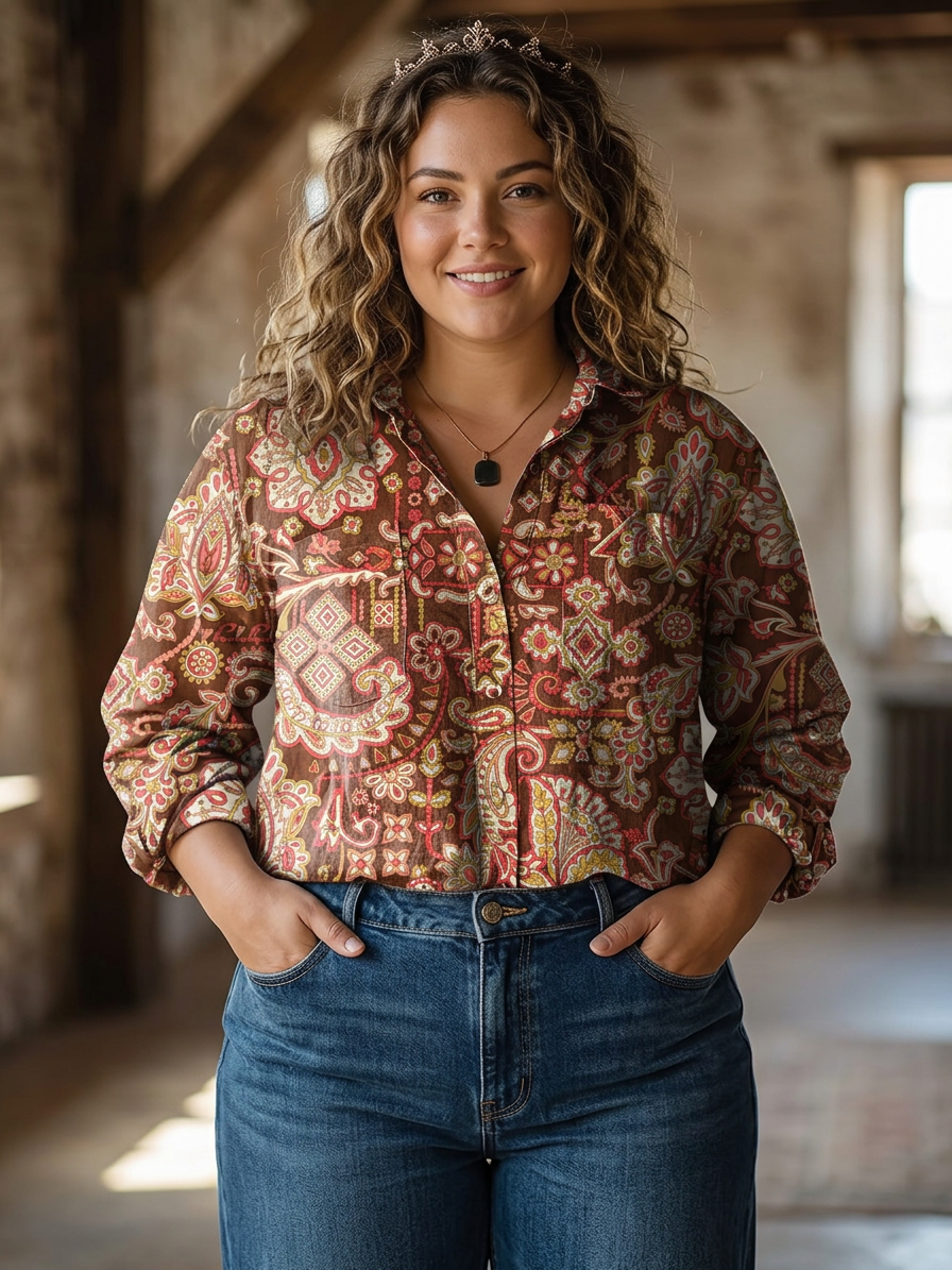 Victoria | Vintage Ethnic Flower Print Casual Long Sleeve - Plus size model