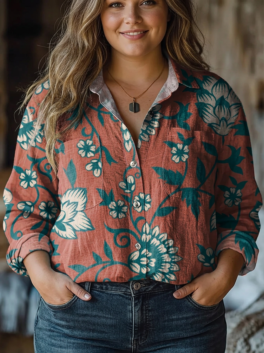 Judith | Retro Red Flowers Print Casual Long Sleeve - Plus size model