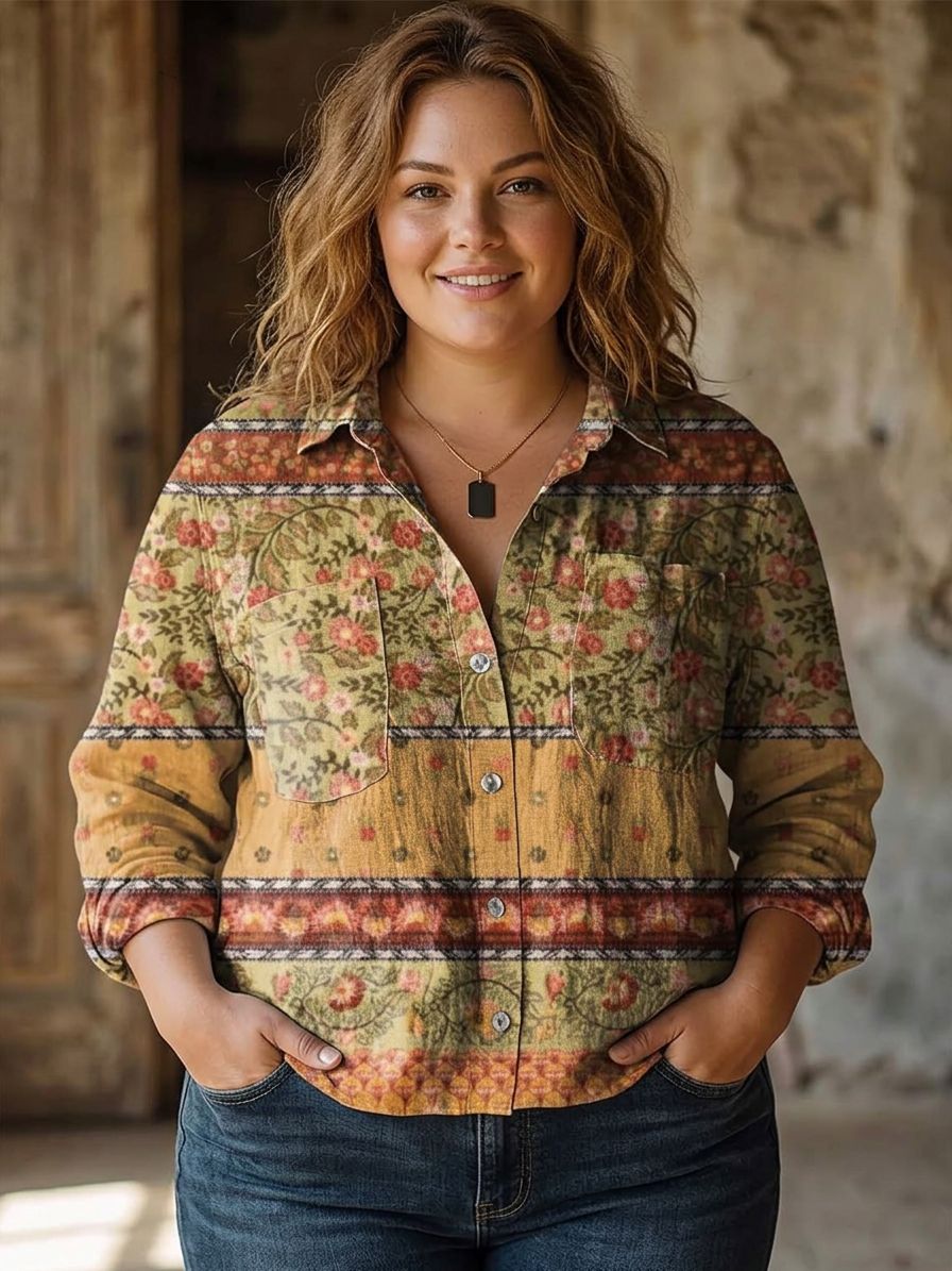 Andrea | Floral Patchwork Art Print Casual Long Sleeve - Plus size model