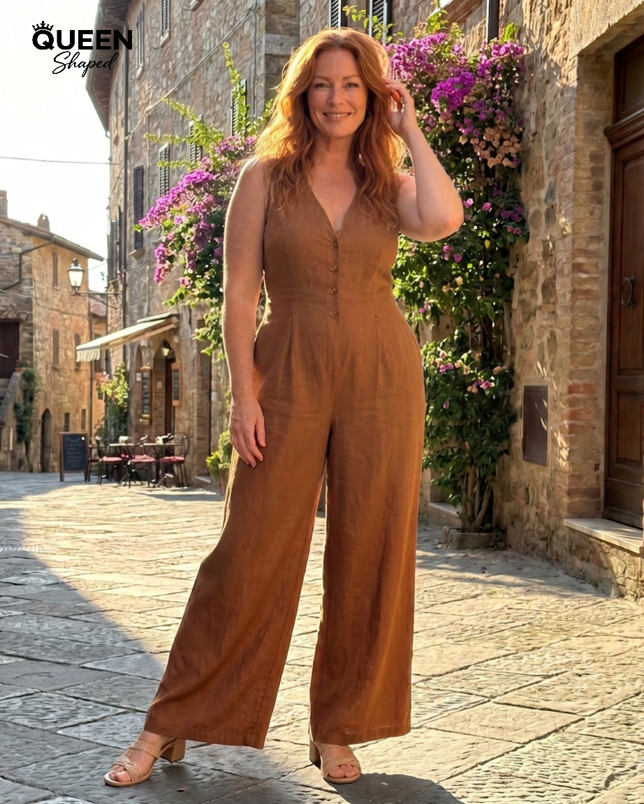 Lyssara | Button Front Sleeveless Wide Leg Relaxed Jumpsuit