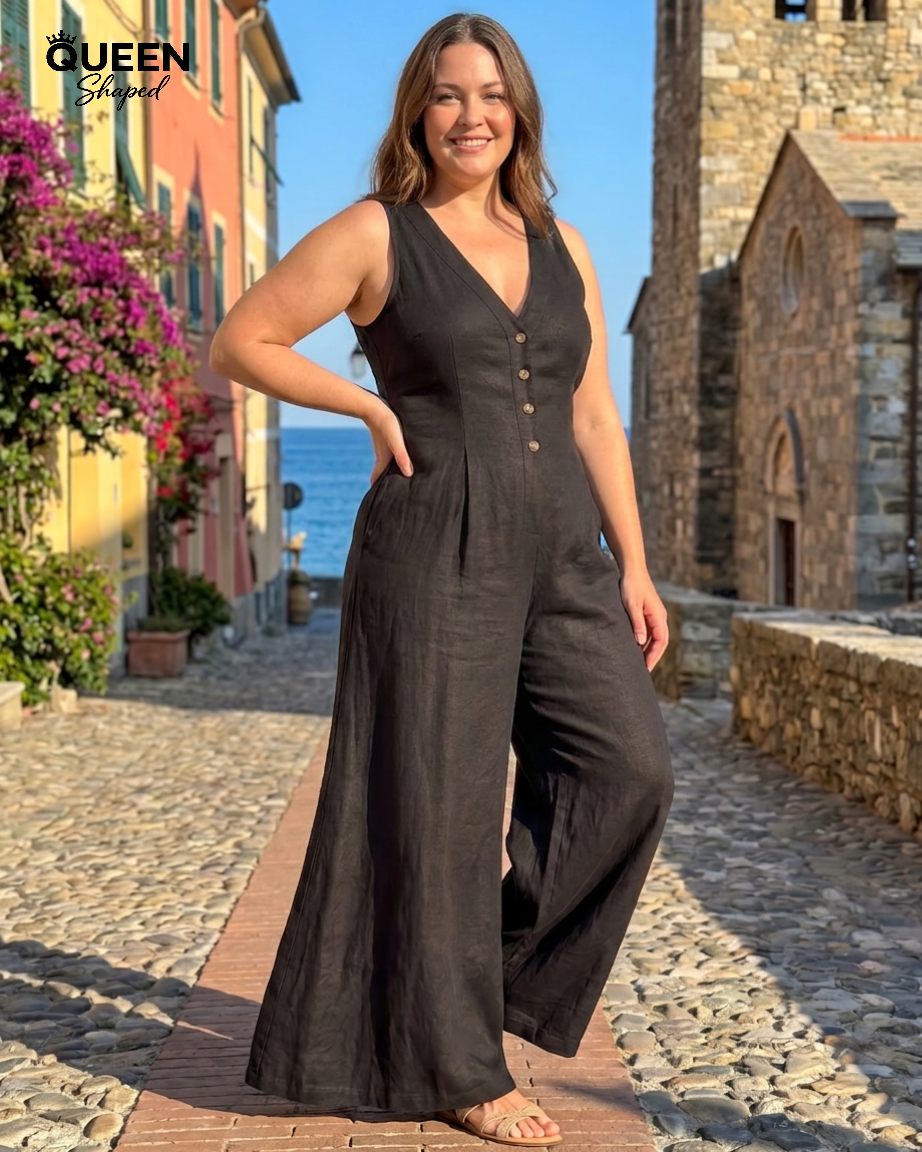 Lyssara | Button Front Sleeveless Wide Leg Relaxed Jumpsuit