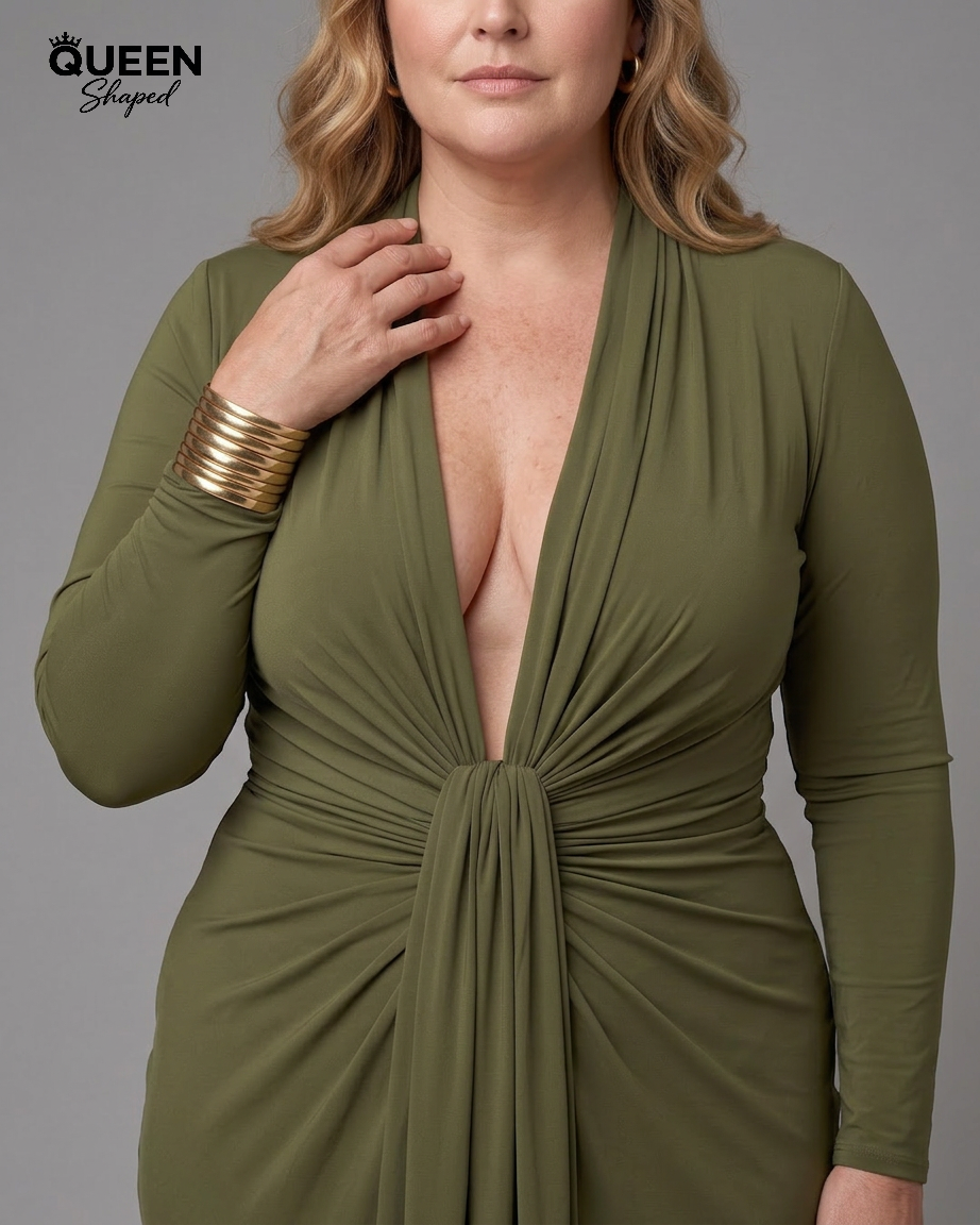 Vimmer | Draped Deep V Neck Long Sleeve Maxi Dress