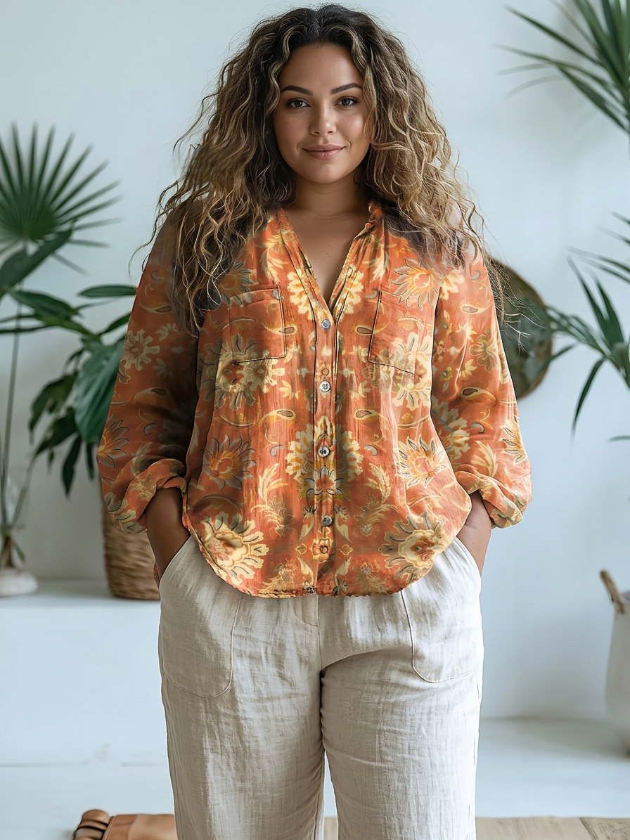 Melanie | Vintage Lovely Floral Art Print Casual Long Sleeve - Plus size model