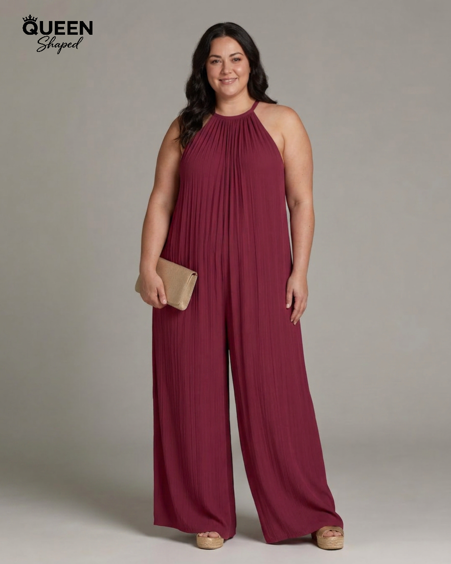 Sylvara | Pleated Halter Neck Wide Leg Relaxed Jumpsuit