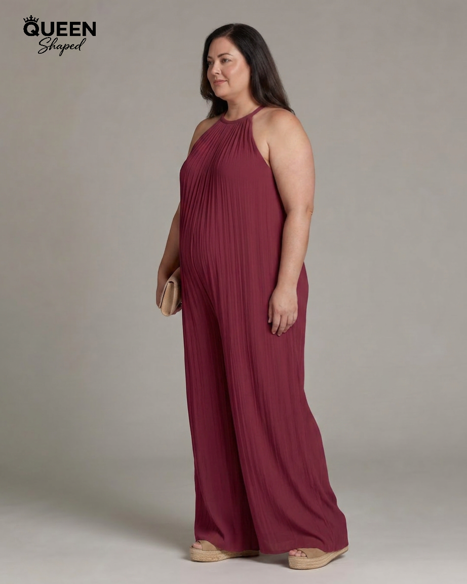 Sylvara | Pleated Halter Neck Wide Leg Relaxed Jumpsuit