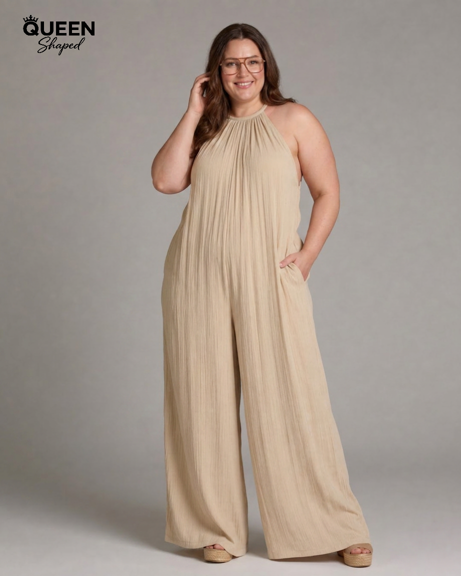 Sylvara | Pleated Halter Neck Wide Leg Relaxed Jumpsuit