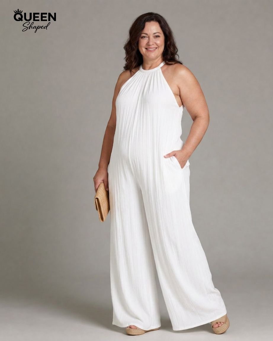 Sylvara | Pleated Halter Neck Wide Leg Relaxed Jumpsuit