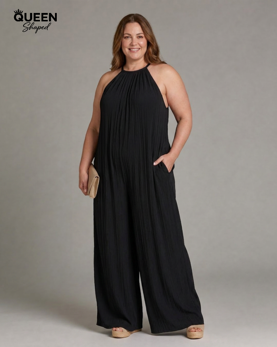 Sylvara | Pleated Halter Neck Wide Leg Relaxed Jumpsuit