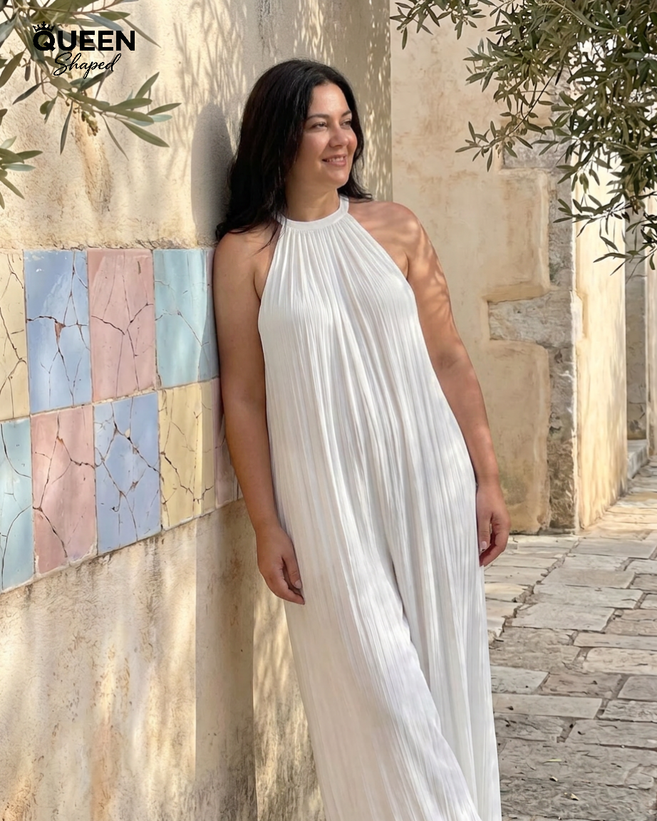 Sylvara | Pleated Halter Neck Wide Leg Relaxed Jumpsuit