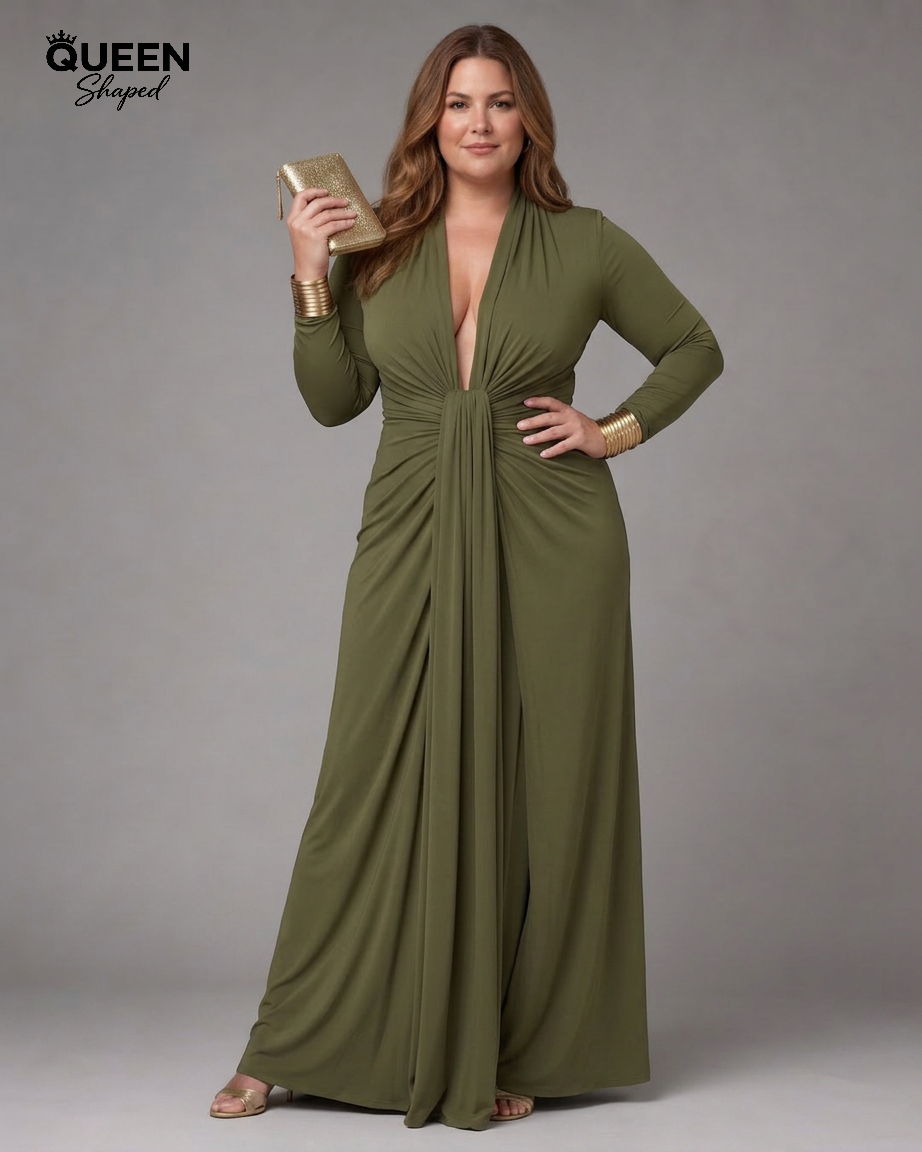 Vimmer | Draped Deep V Neck Long Sleeve Maxi Dress