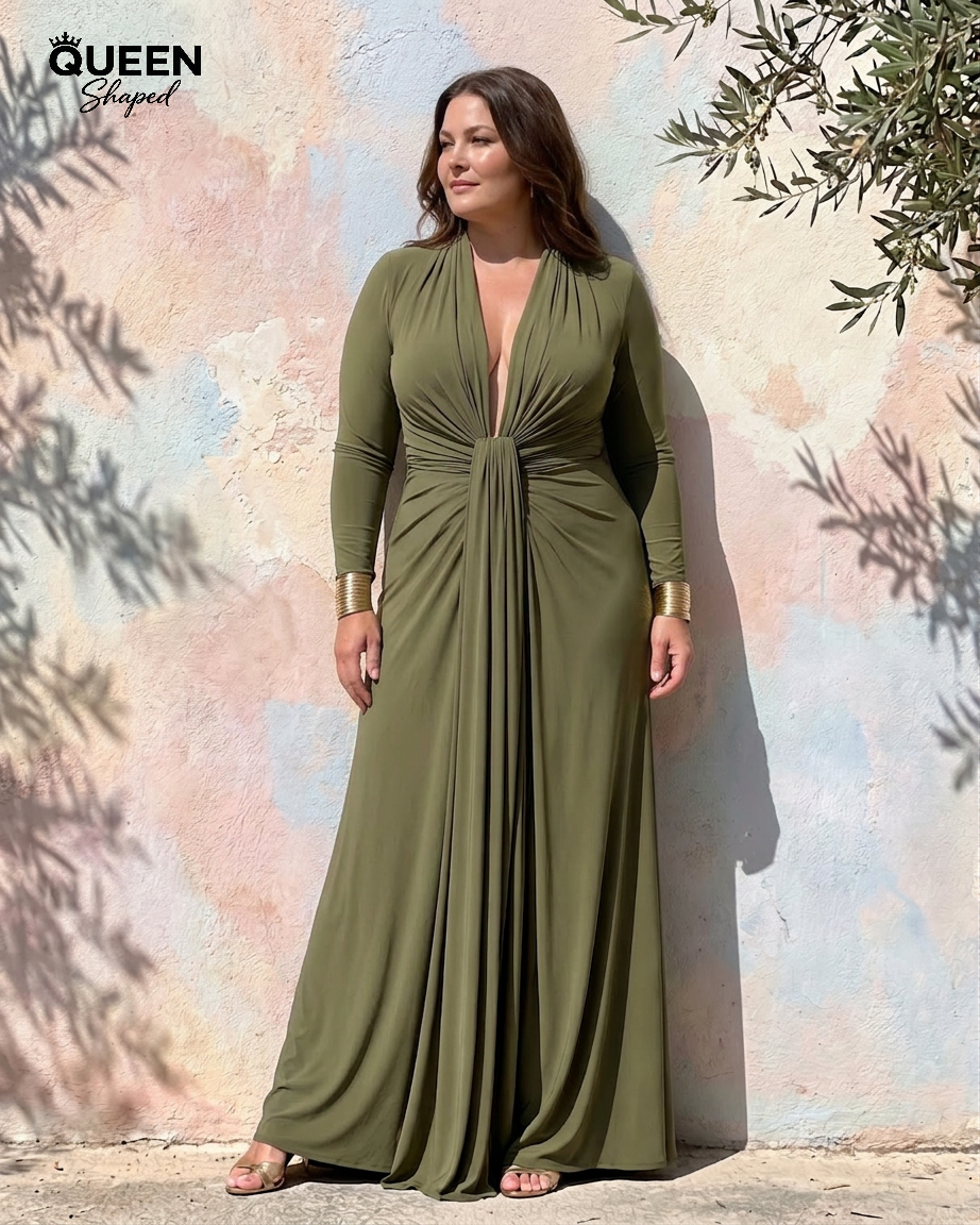 Vimmer | Draped Deep V Neck Long Sleeve Maxi Dress