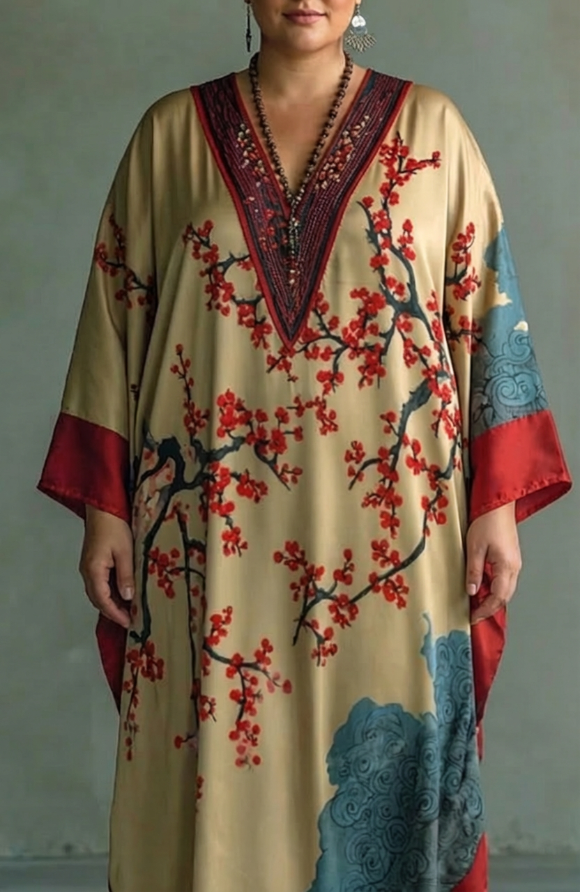 Japanese Red Plum Blossom Maxi Dress with Batwing Sleeves and Print - Plus size model