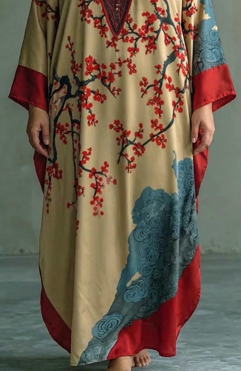 Japanese Red Plum Blossom Maxi Dress with Batwing Sleeves and Print - Plus size model