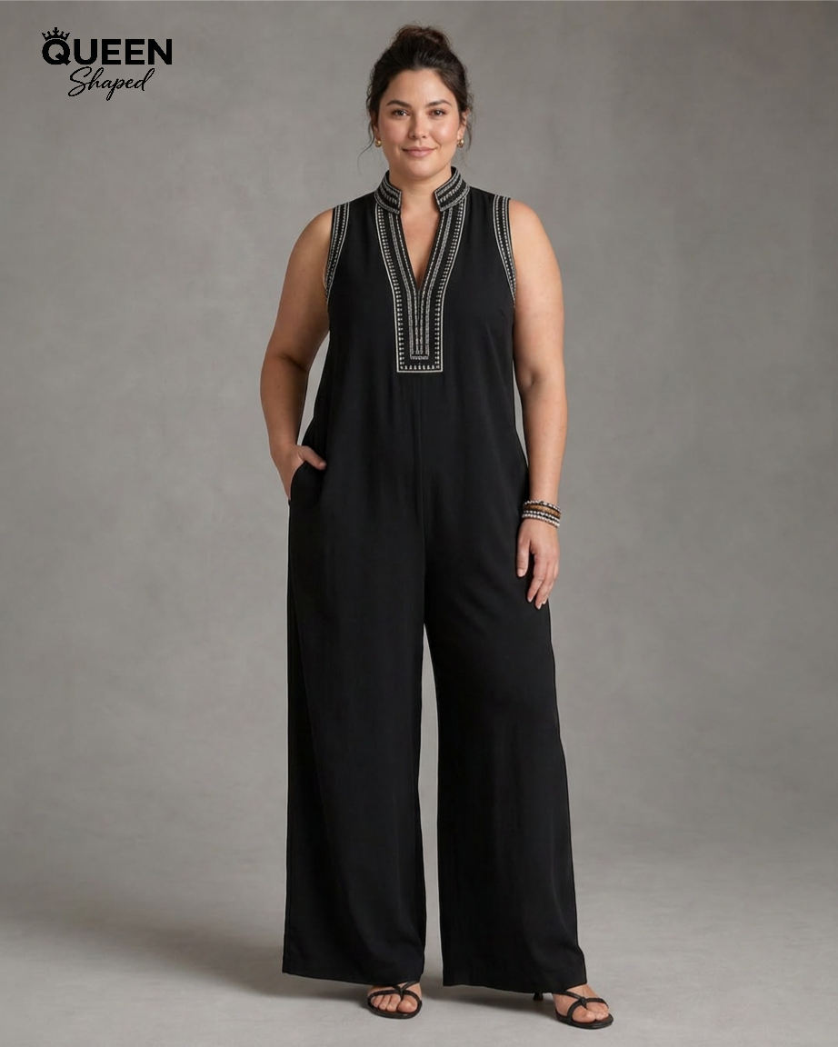 Velmira | Embroidered V Neck Sleeveless Wide Leg Jumpsuit
