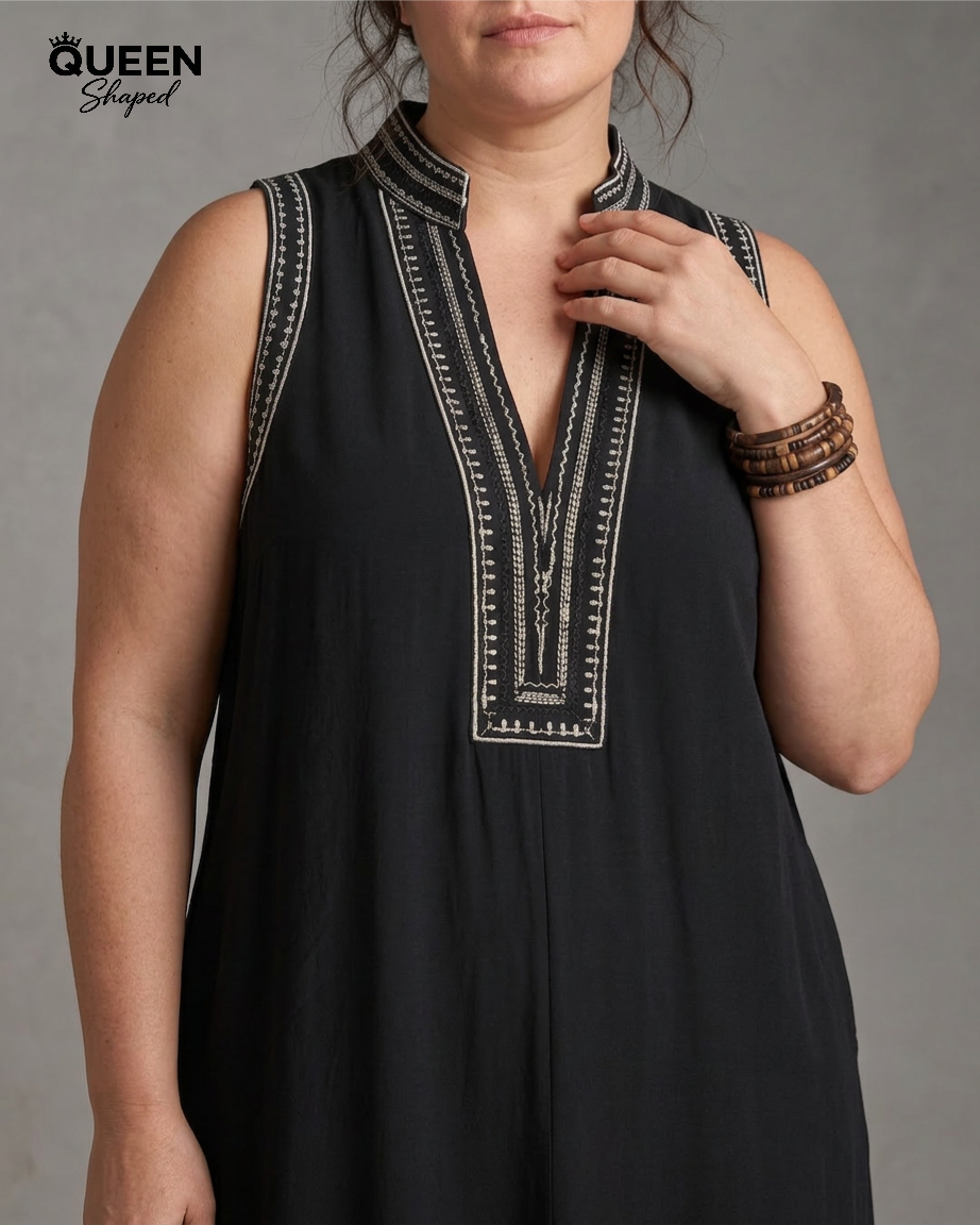 Velmira | Embroidered V Neck Sleeveless Wide Leg Jumpsuit