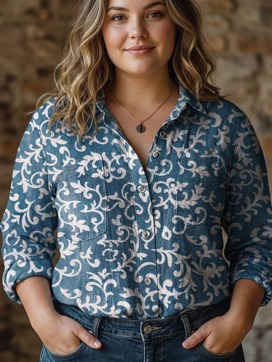 Marilyn | Vintage Floral Art Print Casual Long Sleeve - Plus size model