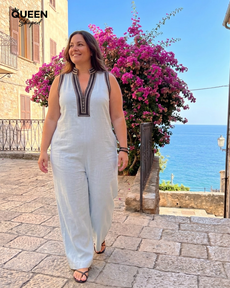 Velmira | Embroidered V Neck Sleeveless Wide Leg Jumpsuit