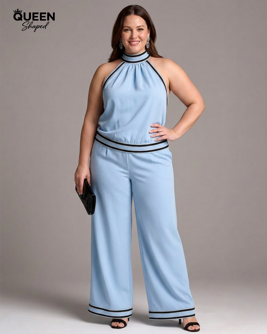 Zephyrine | Contrast Trim Halter Neck Wide Leg Jumpsuit