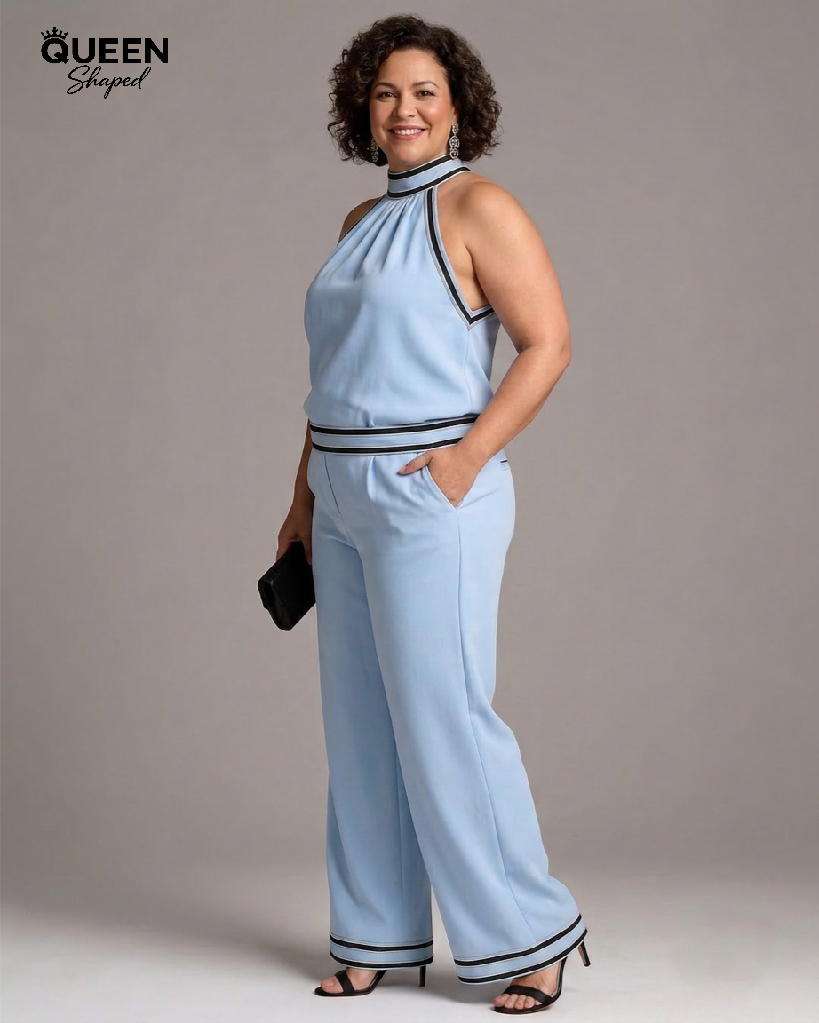Zephyrine | Contrast Trim Halter Neck Wide Leg Jumpsuit
