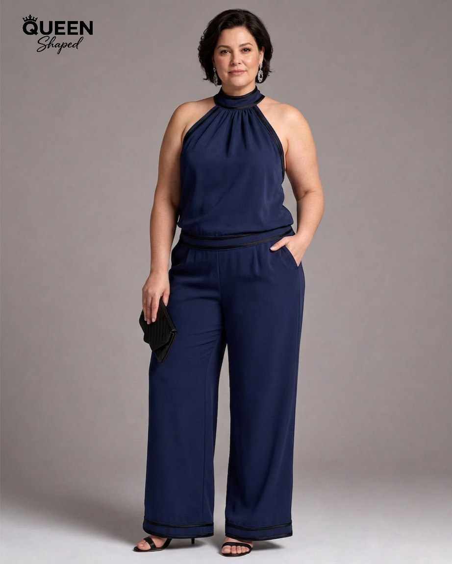 Zephyrine | Contrast Trim Halter Neck Wide Leg Jumpsuit