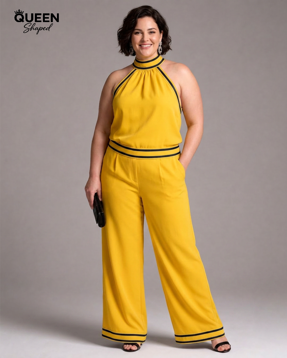 Zephyrine | Contrast Trim Halter Neck Wide Leg Jumpsuit