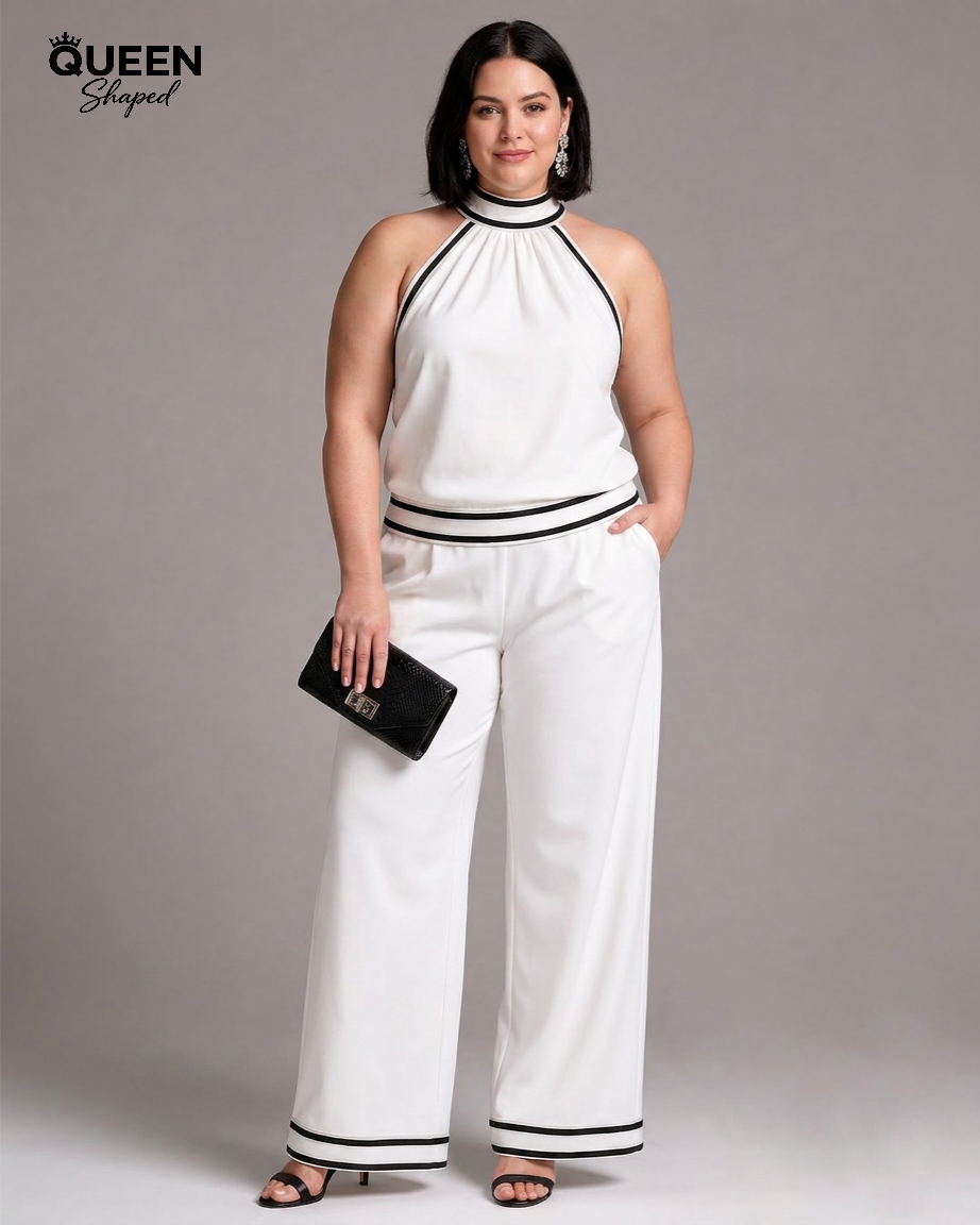 Zephyrine | Contrast Trim Halter Neck Wide Leg Jumpsuit