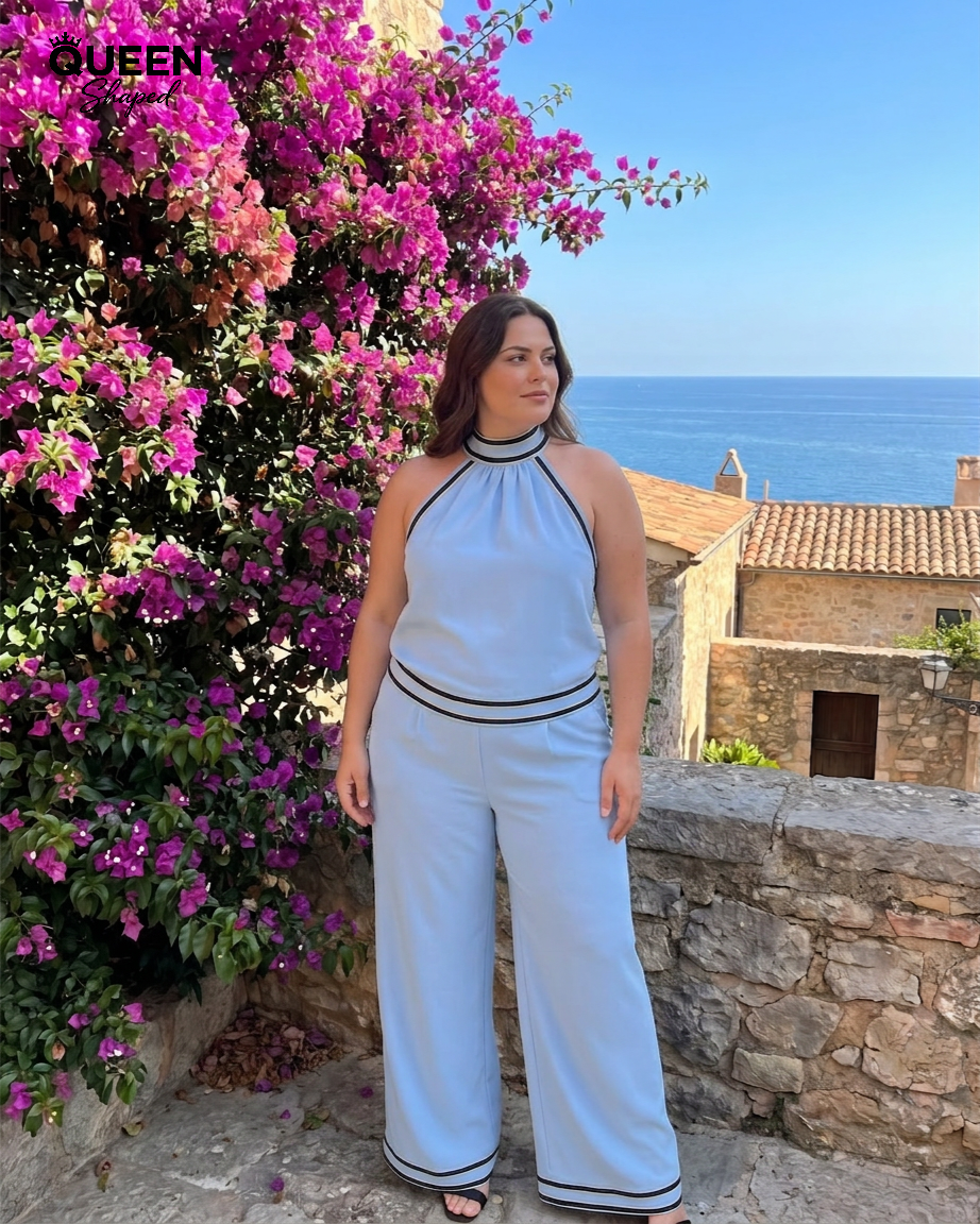 Zephyrine | Contrast Trim Halter Neck Wide Leg Jumpsuit
