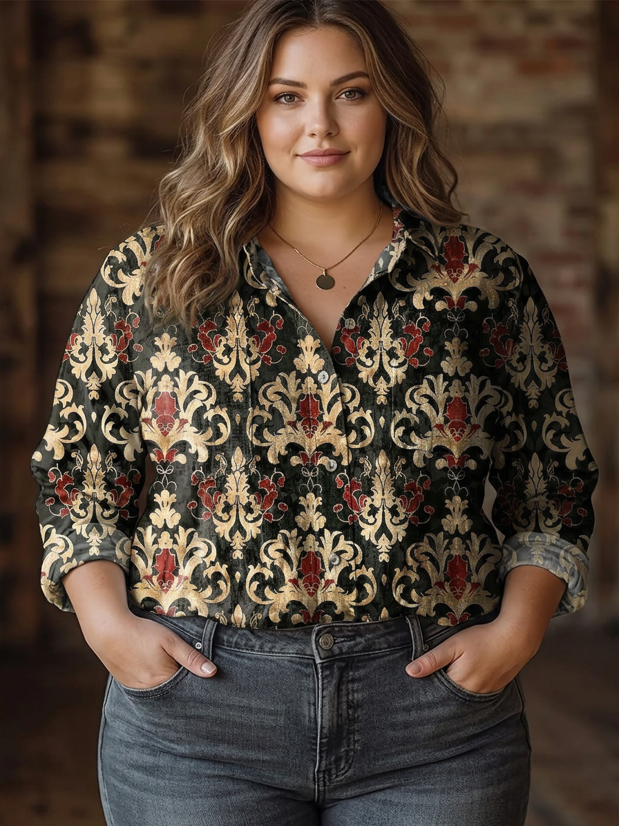 Doris | Retro Flowers Print Casual Long Sleeve - Plus size model